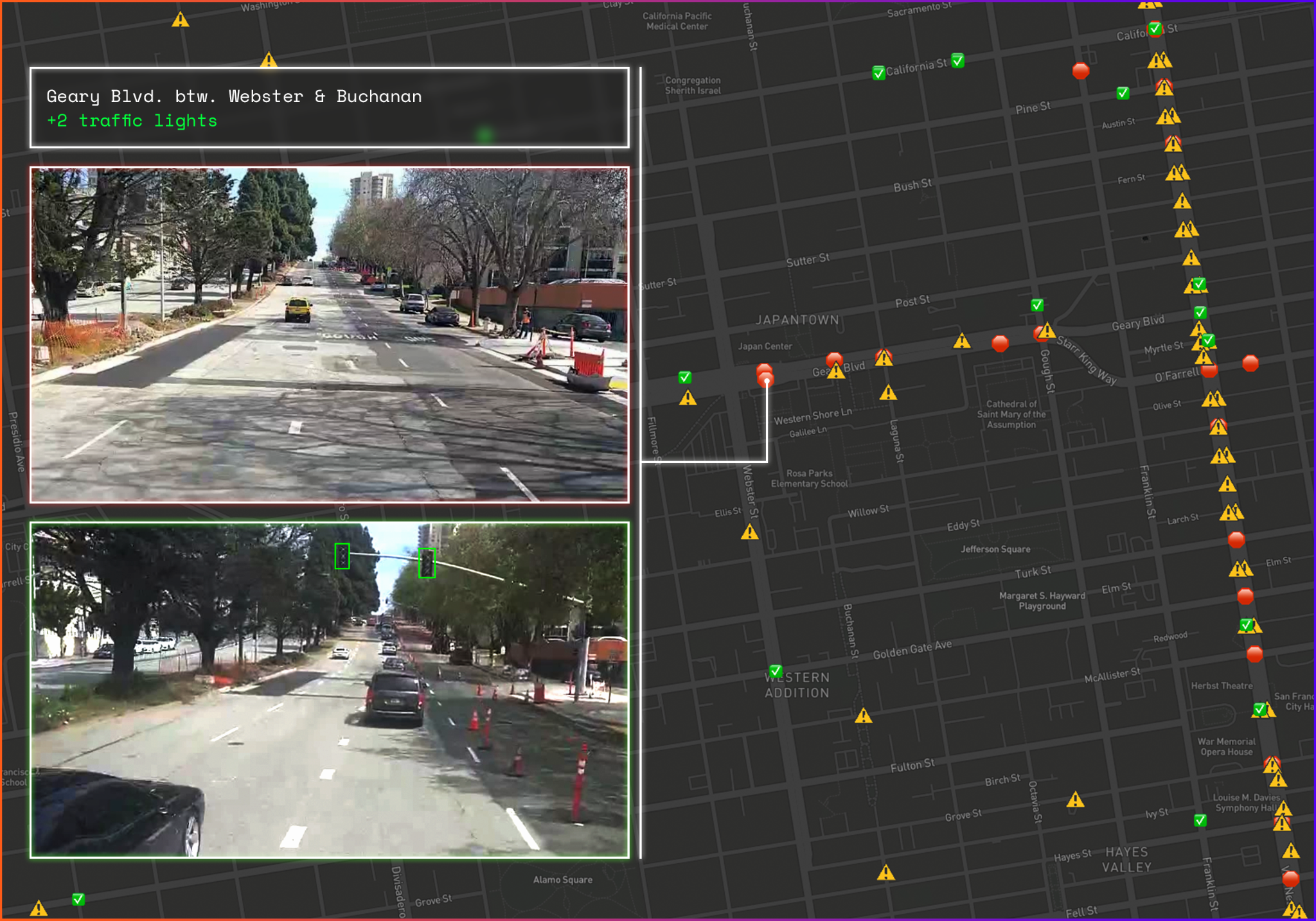 CARMERA captures the addition of traffic lights on Geary Blvd. on April 3, precisely locating the change and distinguishing it from other parts of the multi-block Geary improvement project.