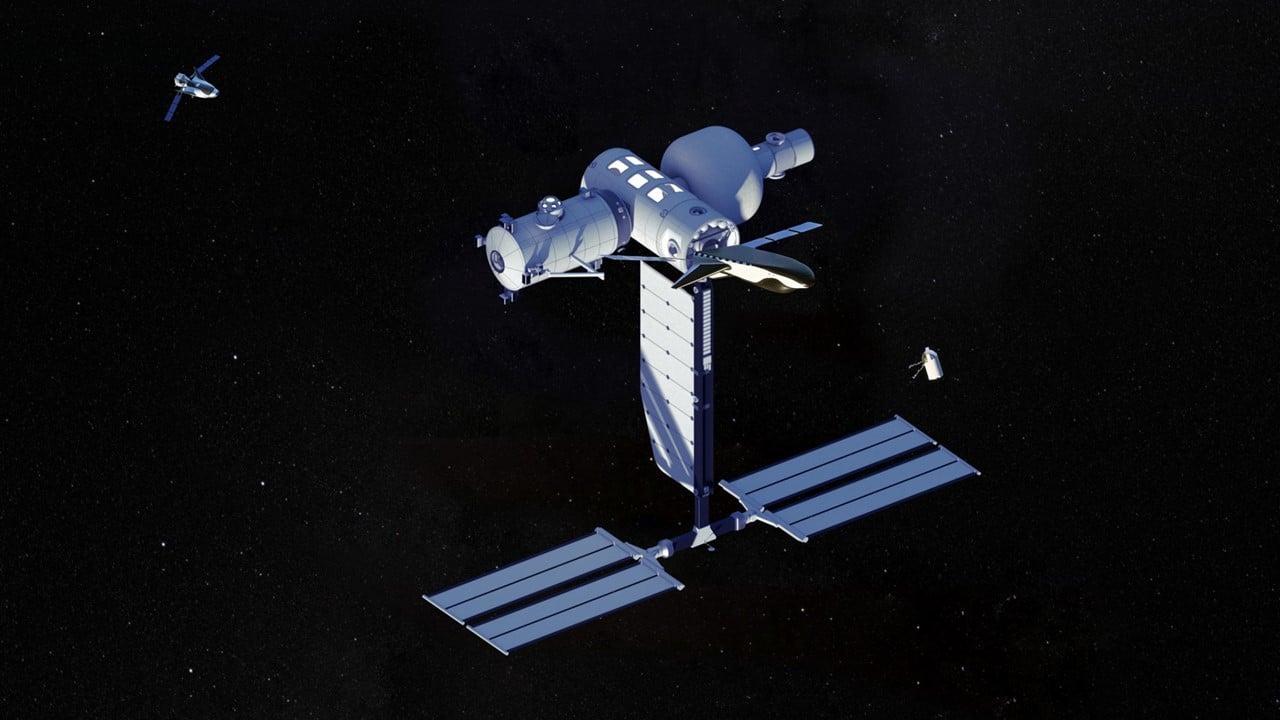 The Blue Origin and Sierra Space Orbital Reef baseline configuration (second half of the 2020s): Core Module, Energy Mast, LIFE, Node, and Science Module. Payload operations commence with the second launch. Image Courtesy: Orbital Reef