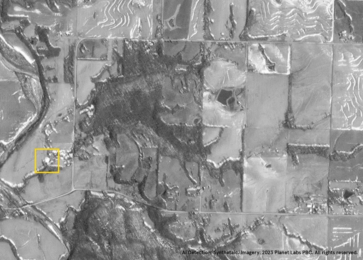 The Chinese spy balloon seen over Missouri in Planet satellite data. Credit: Synthetaic/Planet Labs