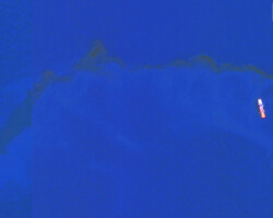 The imagery shows one of the three anti-pollution boats participating in the clean-up effort at the Aegean Sea. Satellite imagery captured with WorldView-2 ยฉ 2021 European Space Imaging Satellite imagery