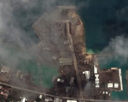 Main port facilities in Tonga's capital, Nuku'alofa, after a volcano erupted on January 15, 2022.
Satellite image ©2022 Maxar Technologies