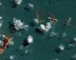 The volcano on the island of Hunga Tonga after it erupted on January 15, 2022.
Satellite image ©2022 Maxar Technologies
