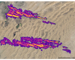 East of Hazar, Turkmenistan, a port city on the Caspian Sea, 12 plumes of methane stream westward. The plumes were detected by NASAโs Earth Surface Mineral Dust Source Investigation mission and some of them stretch for more than 20 miles (32 kilometers).
Credits: NASA/JPL-Caltech