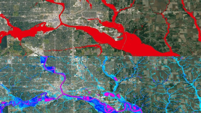1 in 1000 year flood event in Des Moines, IA. data comparison FEMA vs Fathom.