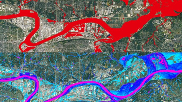 1 in 1000 year flood event in Kansas City, MO. data comparison FEMA vs Fathom.