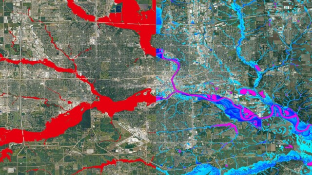 1 in 1000 year flood event in Des Moines, IA. data comparison FEMA vs Fathom.