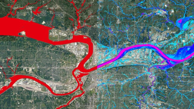 1 in 1000 year flood event in Kansas City, MO. data comparison FEMA vs Fathom.